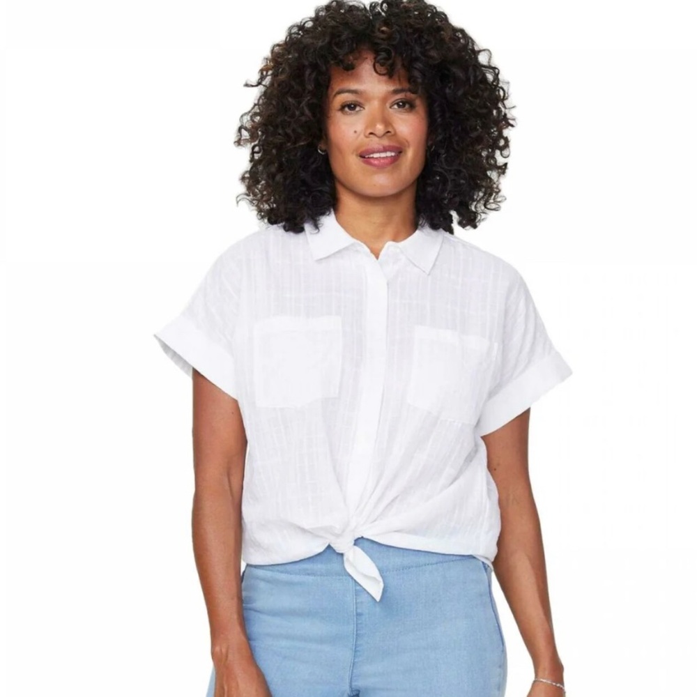 NYDJ BUTTON FRONT SHORT SLEEVE CAMP cotton SHIRT